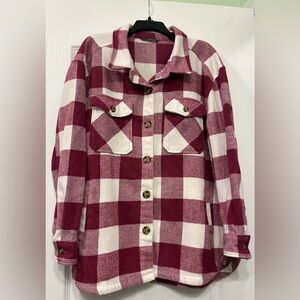Women’s Burgundy and Cream Plaid Button-Front Shacket
